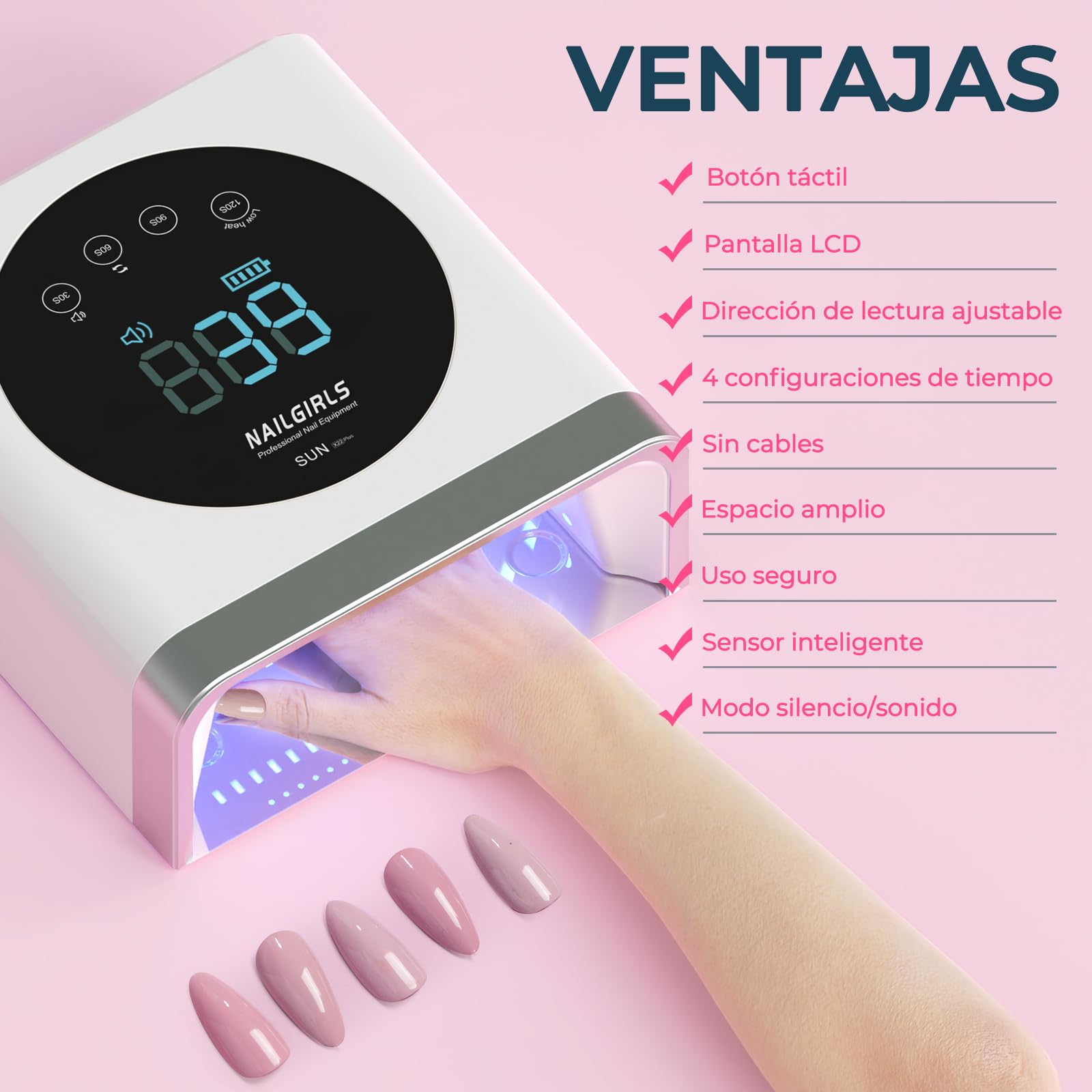 NAILGIRLS Lámpara LED UV recargable, secador de uñas inalámbrico de 150 W para gel y esmalte regular, secador LED de gel de curado de esmalte de uñas con 4 ajustes de temporizador, sensor automático