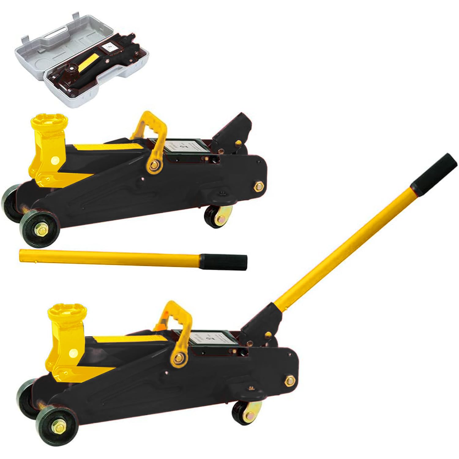 Cric Sollevatore Idraulico Auto Martinetto 2t Ruote Bidirezionali Cuscinetto Assetto Ribassato Professionale Veicoli Auto Moto Valigetta Nero Giallo
