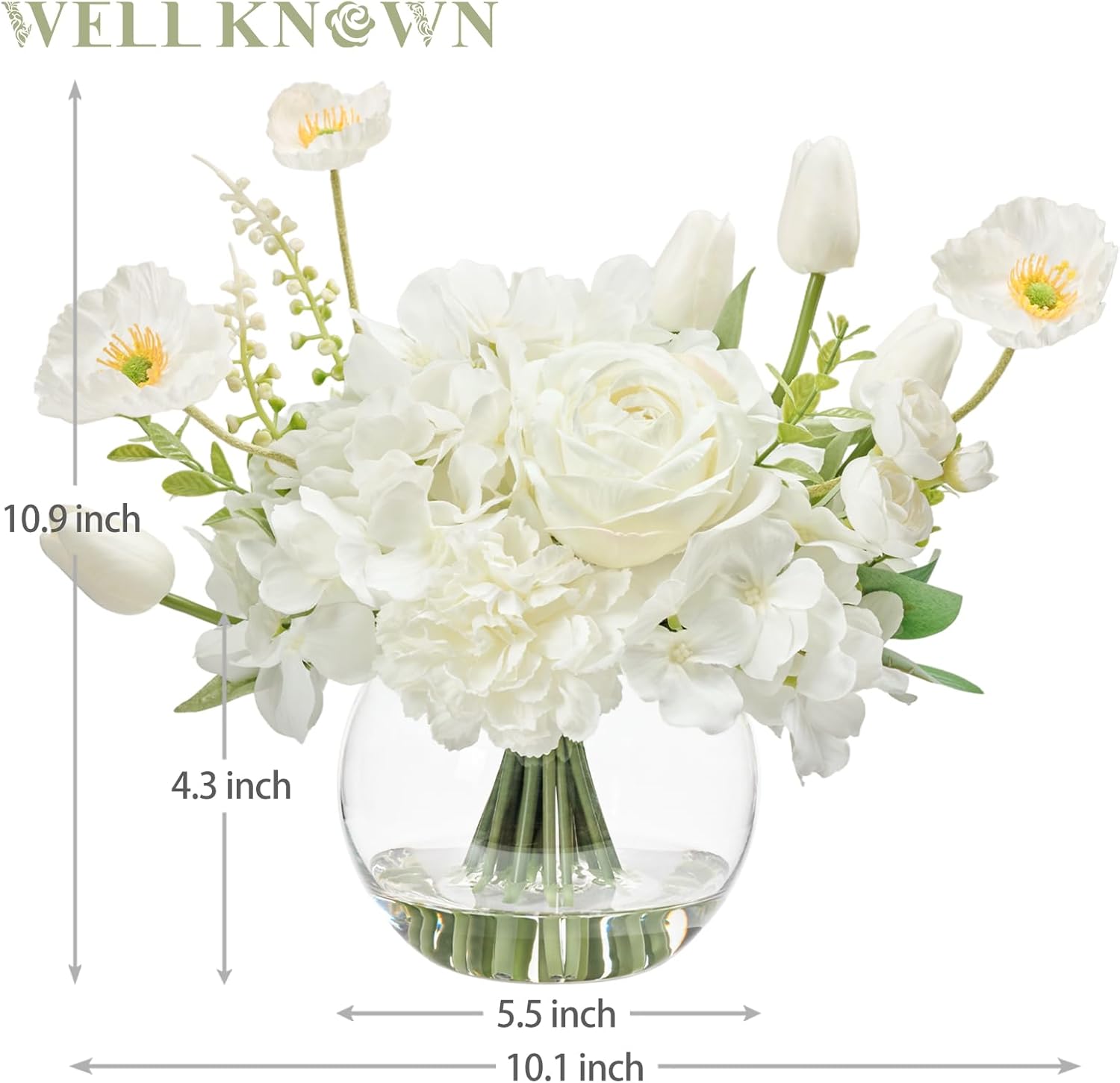 WELL KNOWN Artificial Flowers for Table Decoration Silk Hydrangea Flowers with Vase Fake Flower Arrangements in Round Bowl Vase with Faux Water for Summer Spring (White) - Image 2