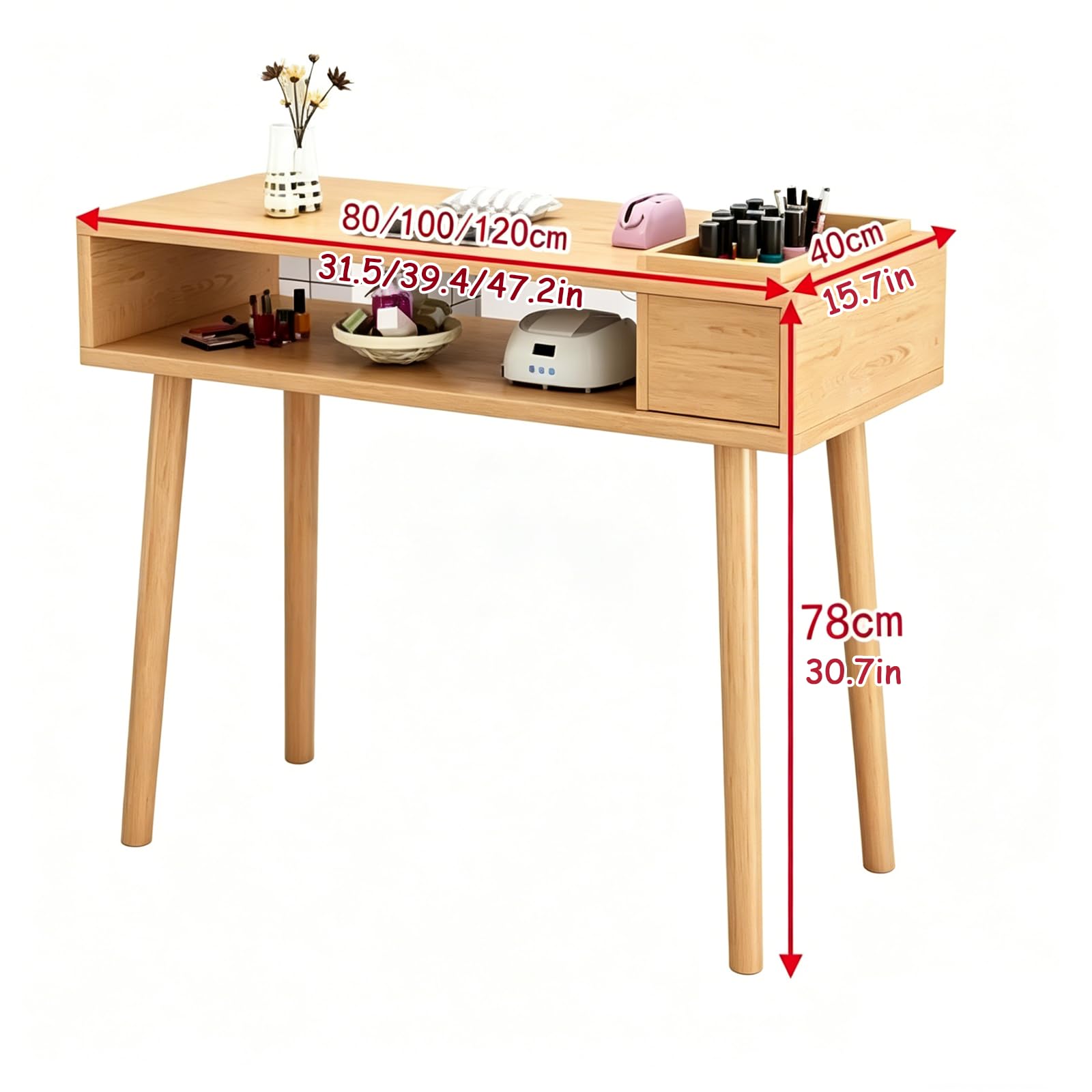 Mesa de Arte de Uñas de Madera Maciza, Banco de Trabajo de Uñas de Doble Capa, Tocador con Cajón de Almacenamiento y Aspiradora, Adecuado para Salones de Manicura, Salones de Belleza 120cm/47.2in