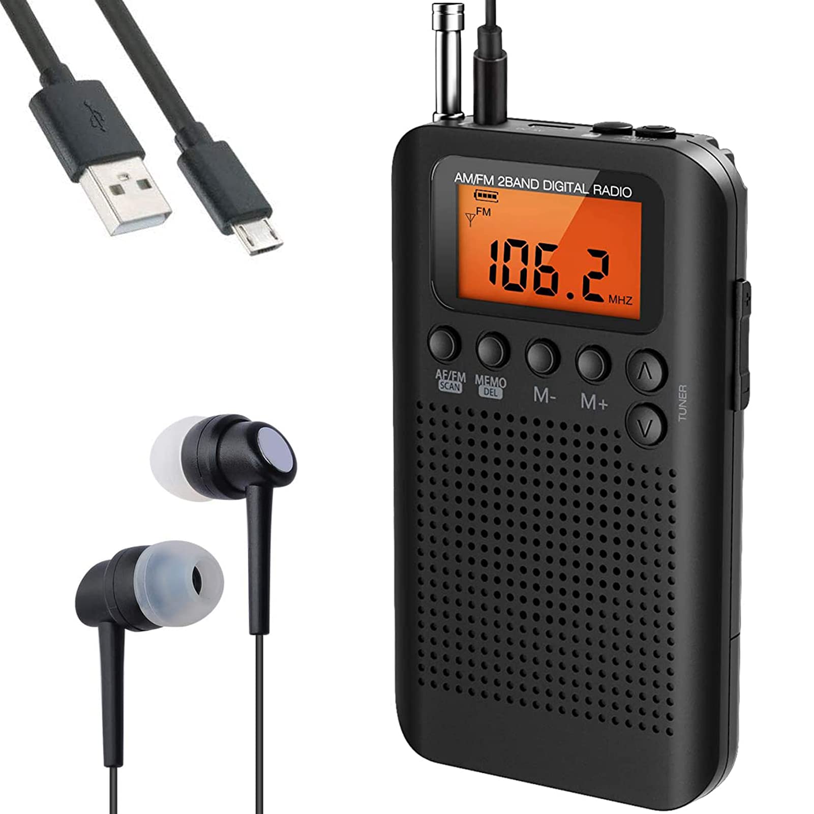 HanRongDa ポータブルラジオ 小型電池式 FM/AM/ワイドFM対応 ステレオ対応 58局メモリー 時計 タイマー アラーム機能付き 防災 アウトドア 旅行に最適 日本語説明書付属 HRD-104