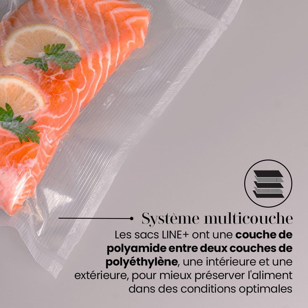 Lot de 100 sacs sous vide alimentaire avec technologie Line + | Nouvelle formule, système rayé, multicouche, sans BPA, fabrication espagnole 30 x 50 cm