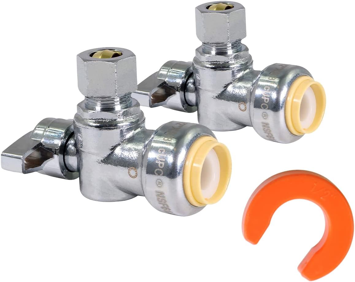 1/2x3/8 Angle Stop Valve Fittila F501 1/4 Turn Water Shut Off Valve With Disconnect Clip - Lead-Free Brass Plumbing Valves and Fittings for Copper, PEX, CPVC, HDPE and PE-RT (Pack of 2)