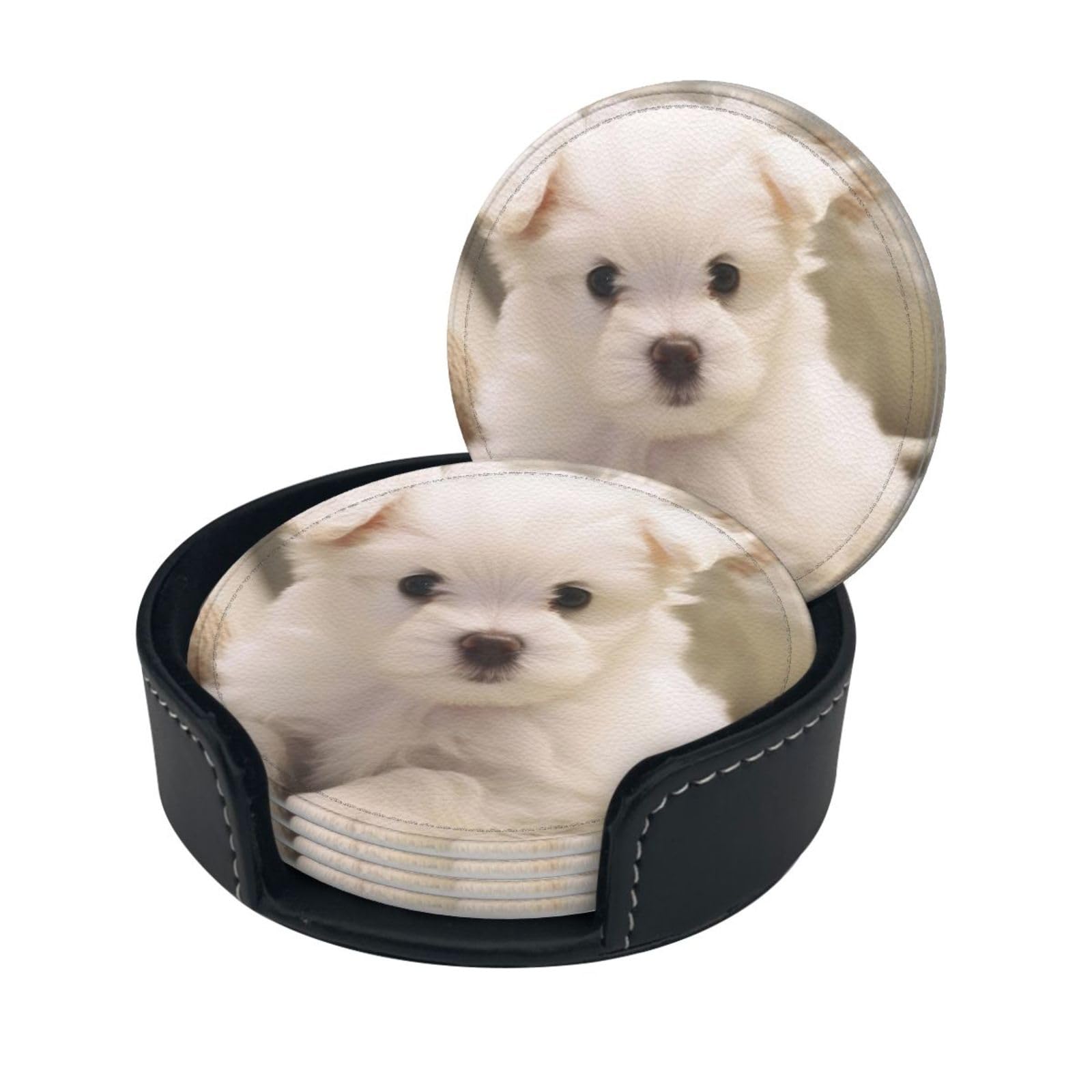 Smazdfxx Women's As Pic Stylish Coasters - Cute Maltese Puppy Set Of 6 Round Leather Drink Coasters With Holder - Perfect Size For Cups And Glasses