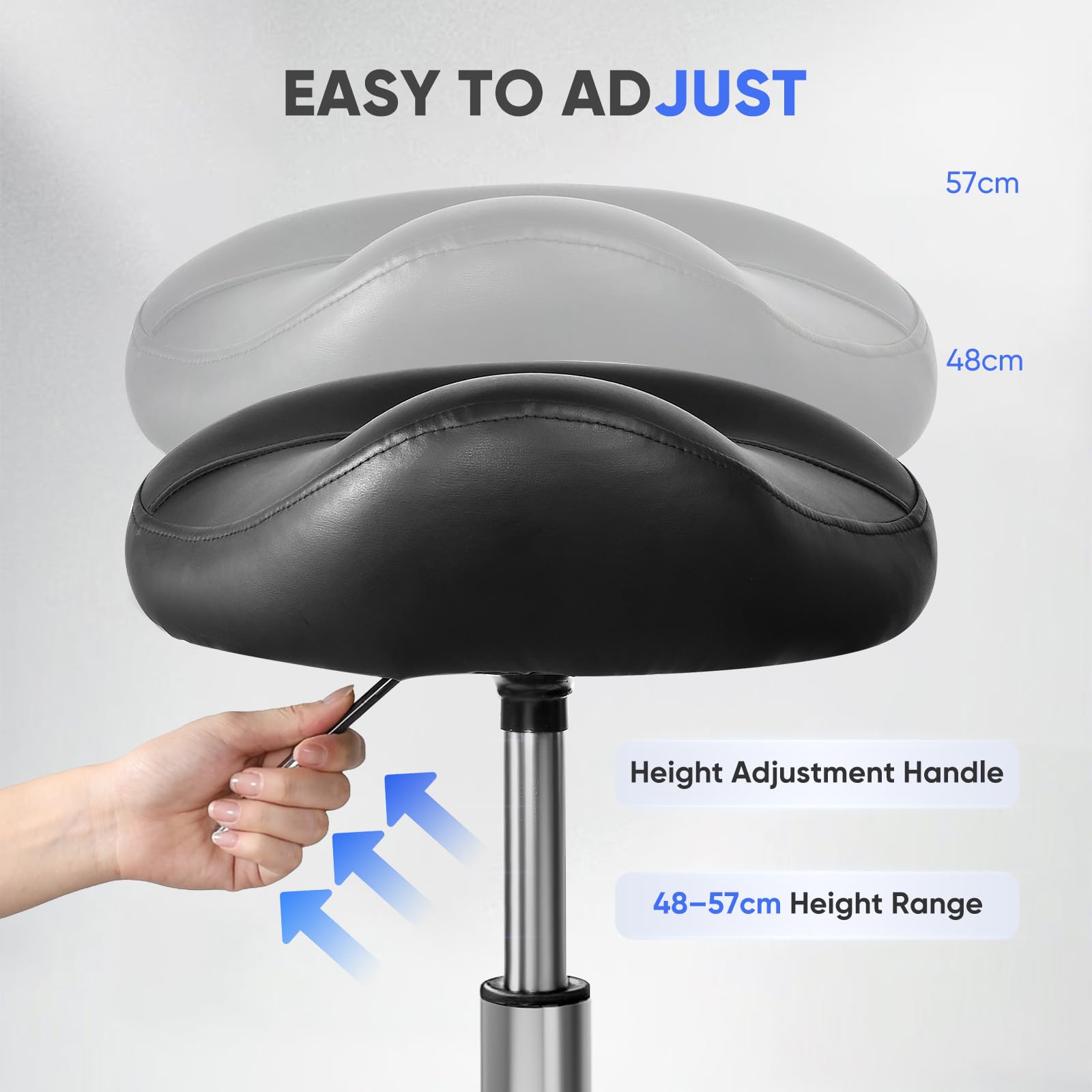 Sattelstuhl Ergonomisch- Sattelhocker mit Rollen (Leise, 360°), Höhenverstellbar 48-57 cm, Hochdichter Schaum, Bis 150 kg, Metallfuß - Bequemer Sattelhocker für Büro, Salon, Massage, Zuhause