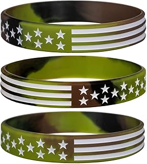 Sainstone Military Silicone Bracelets with American Flag, Rubber Camouflage Army Wristbands in Army Green & Forest Camo for Men Women for American Patriots, Army and Sport Fans (Standard 8