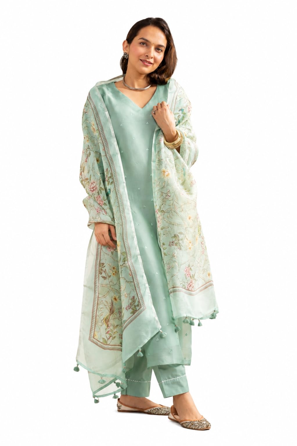 Women's Mint Green Kurta Set with Floral Printed Dupatta, Straight Pants, 3-Piece Ethnic Wear-image-45