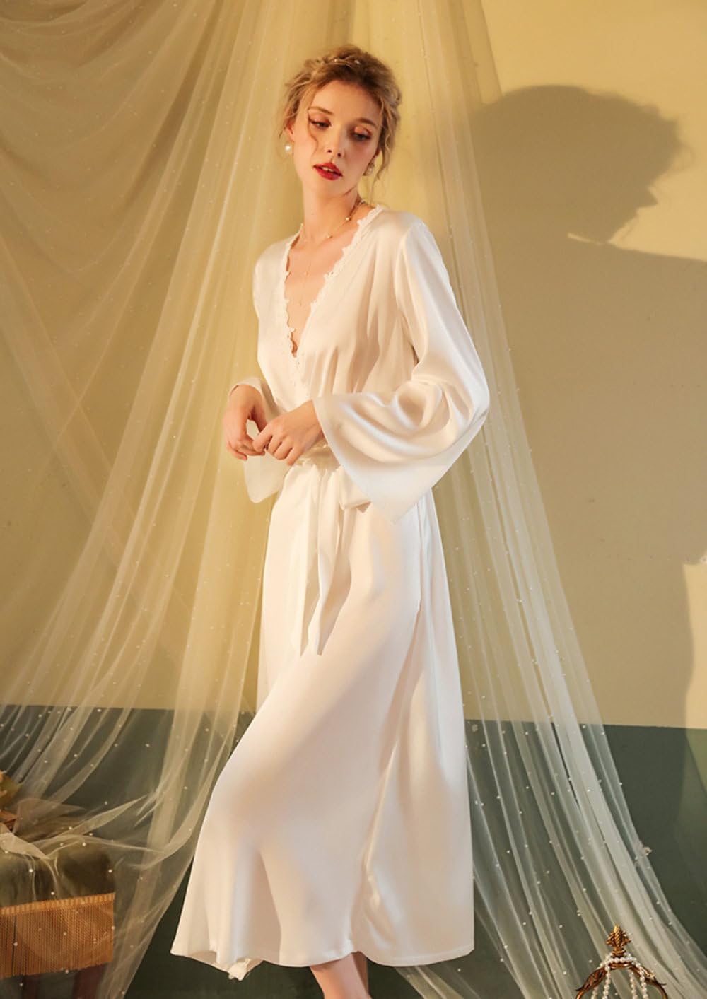 Kimono Sexy Sin Espalda Camisón de Satén Sedoso Bata de Novia Albornoz Largo de encaje Floral Ropa de Dormir con Cuello en V para Mujer Fiesta de Camisón de Boda,Blanco,L