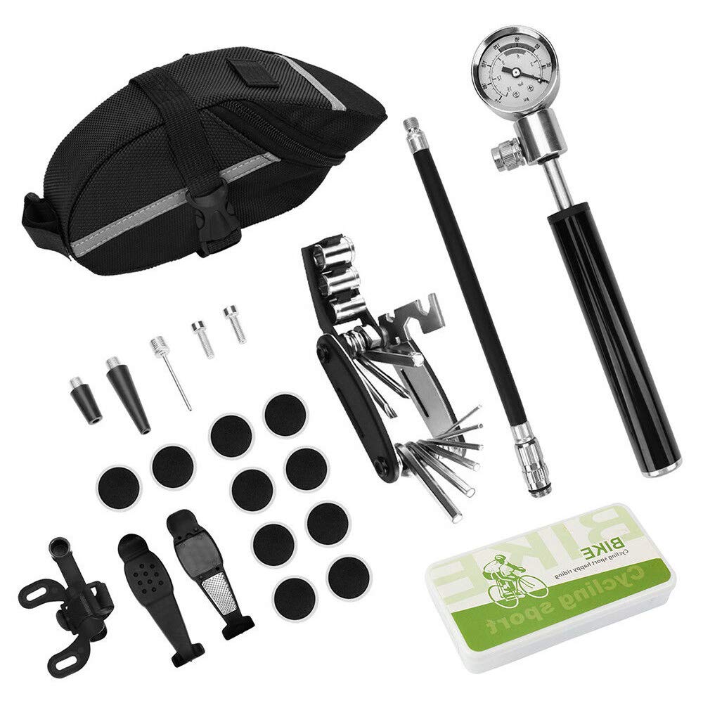Kit di Attrezzi per Riparazione Bici e Set di Mini Pompe per la Manutenzione di Biciclette da Montagna - Attrezzo Multiuso 16 in 1 con manometro da 210 PSI, Borsa da Sella