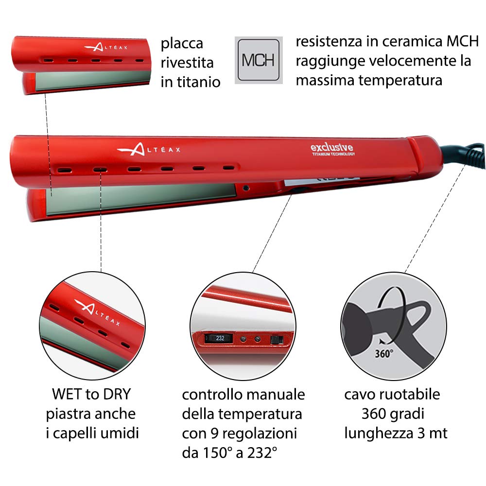 ALTÉAX® EXCLUSIVE Piastra per Capelli Lisci e Mossi Professionale Lisciante in Titanio, resistenza in Ceramica - Regolazione Temperatura fino a 230° + Omaggio Custodia in Ecopelle Realizzata in Italia