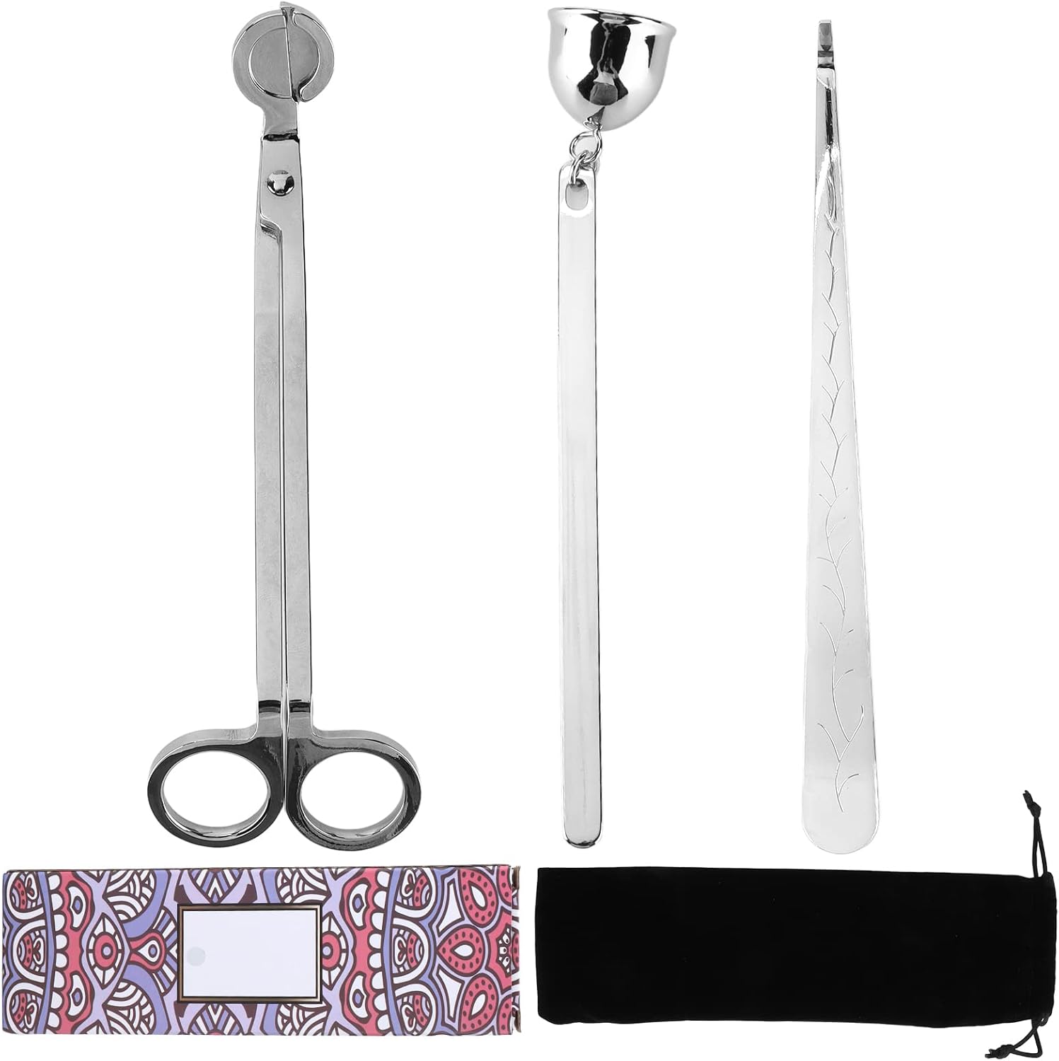 Candle Tool Set, Stainless Steel Wick Trimmer and Extinguisher Kit, Elegant Candle Care Accessories with Brocade Bag for Aromatherapy Candles, Gift for Candle Lovers