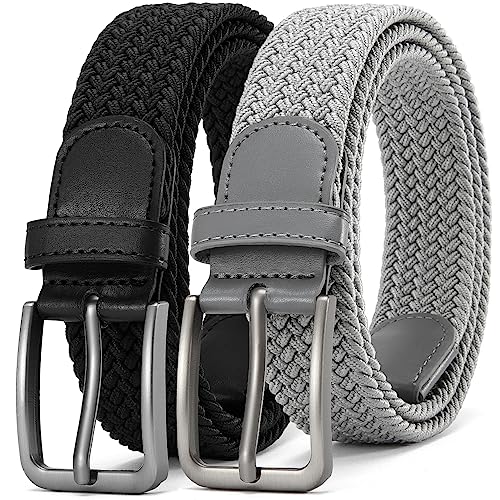 DOOPAI Elastic Braided Belt for Men 2 Pack, Stretch Woven Belt, casual Fabric Golf Belt, Black and Grey Belts Tight Performed Stretch Design Width 1 3/8