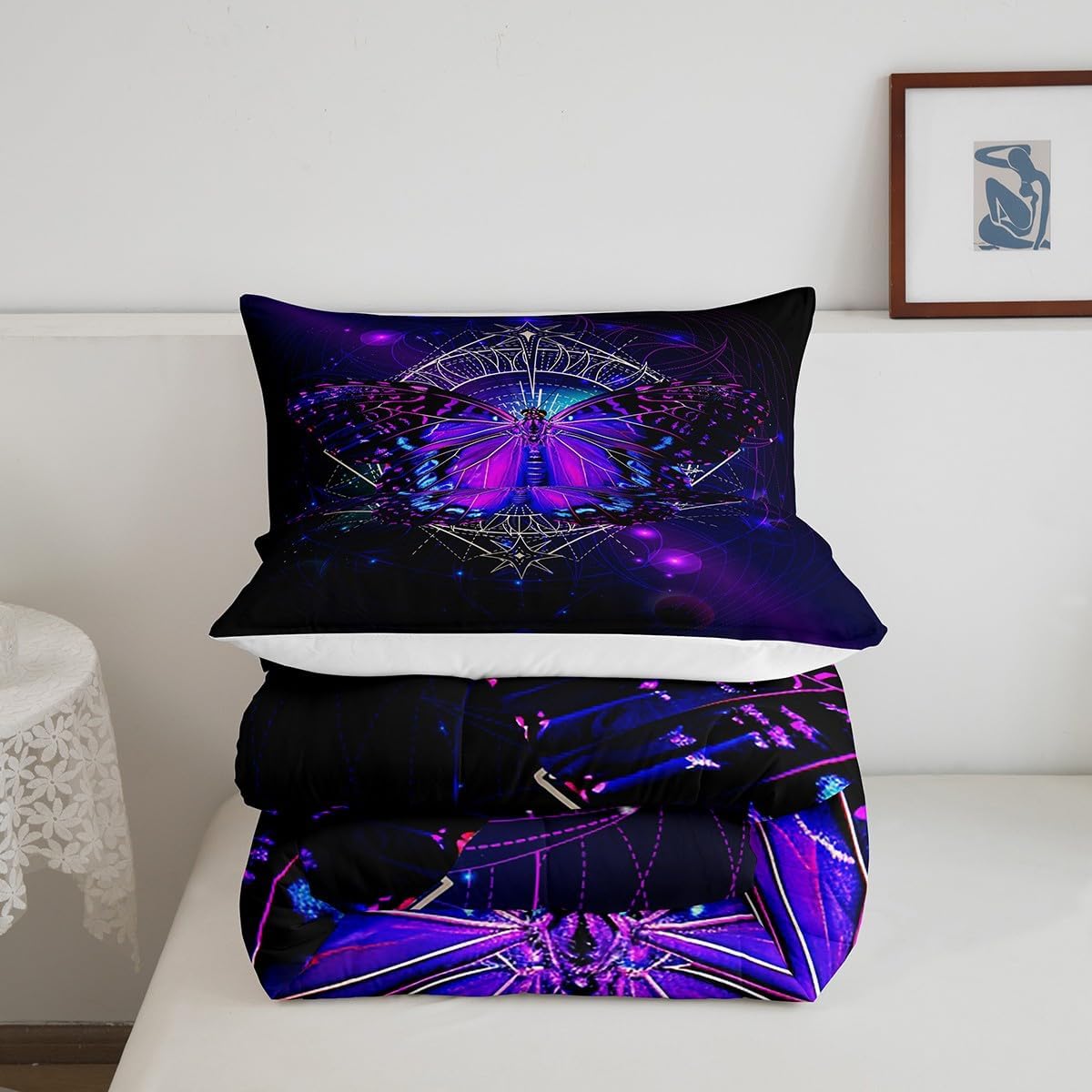 Manfei Butterfly Comforter Set Queen Size, Galaxy Sun Moon Bedding Set 3pcs, Bohemian Moth Purple Down Comforter for All Season, Kids Girls Room Decor, Lightweight Duvet Insert, 2 Pillowcases - Image 6