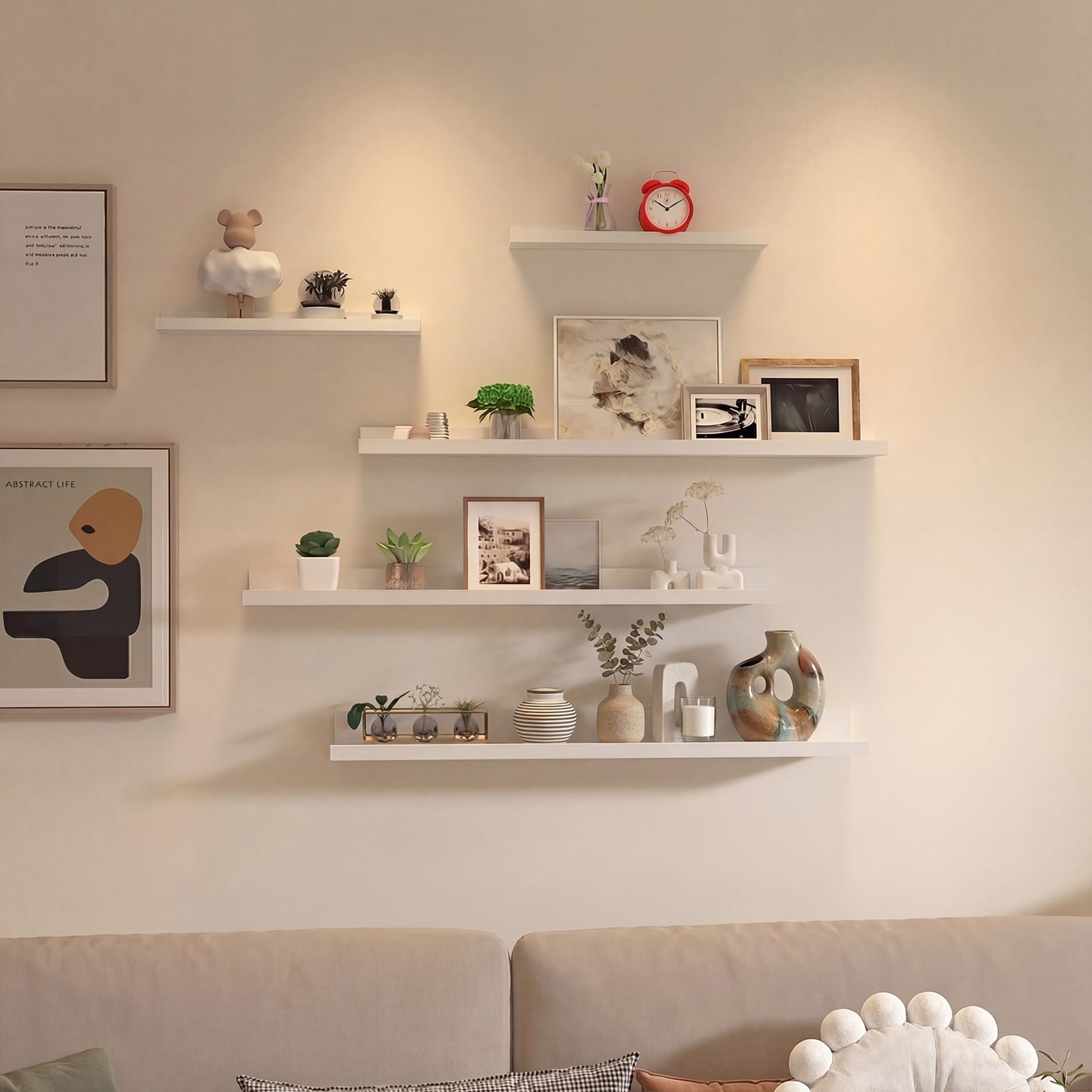 Giftgarden Lot de 5 Étagères Murales en Bois Rustique, Étagères Flottante Murale Blanc pour Salon, Chambre et Bureau - 90cm
