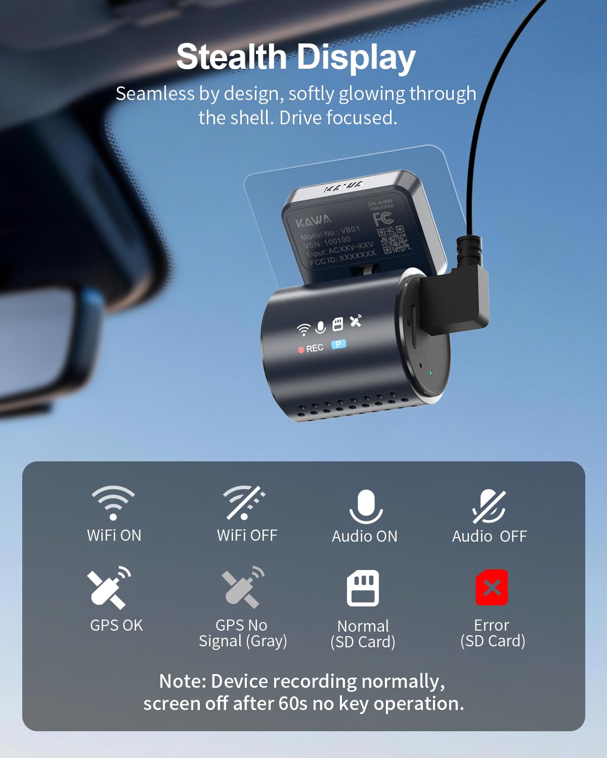 KAWA 4K Mini Dash Cam anteriore, controllo vocale, schermo stealth, fotocamera auto 2K HDR NightEagle Engine, Wi-Fi 6 e GPS integrati, modalità parcheggio in buffer 24/7, supporto 256GB Max
