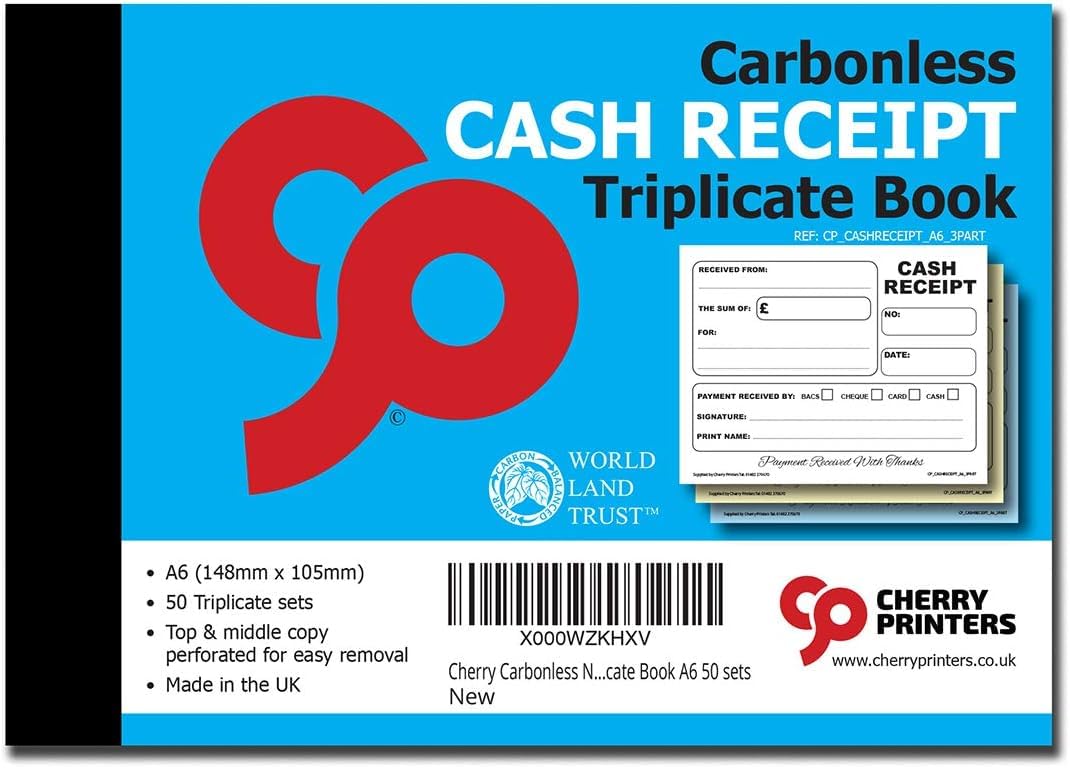 Cherry Carbonless (NCR) Cash Receipt Triplicate A6 50 Sets Perfect for Self Employed and Small Businesses **6 Pack**