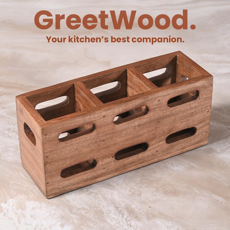 Image of Wooden Cutlery Holder for Kitchen - Cutlery and Tissue Holder for Dining Table | Spoon and Fork Organizer with Ventilated Design | Perfect for Gifting - Brown