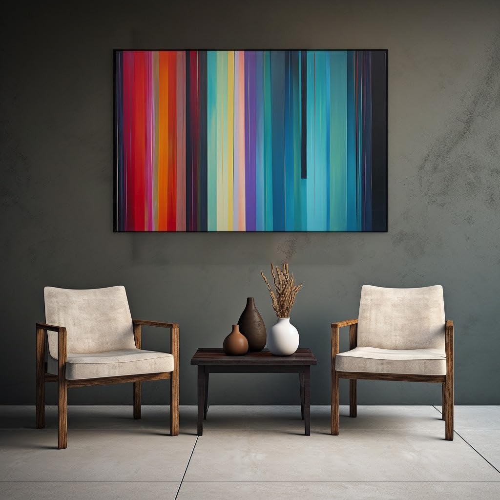 Canvas for Living room. Abstract Elegance: A Tapestry of Vertical Stripes and Vivid Hues Against a Blue Expanse, 27 x 18 inch Canvas Wall Art - Contemporary Masterpieces - Modern Home Decor