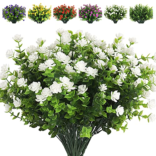 RECUTMS Artificial Flowers, Fake Boxwood Outdoor UV Resistant Plants Artificial Springs Flowers Eucalyptus Greenery Shrubs Bridal Wedding Bouquet for Home Garden Party Wedding Decoration(White)
