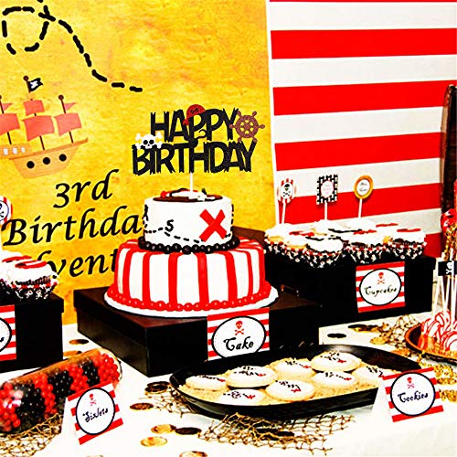 Pirate Theme Cake Topper Happy Birthday Cake Decoration For Kids Nautical Sailing Treasure Black And Red Skull Anchor Cake Topper Picks Party Decorations Supplies #TOP6