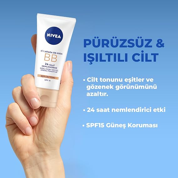 NIVEA Essentials 5 in 1 BB Cream, 24 Hour Moisturizing+Natural Jojoba Oil Extract +Light Skin Tone 50ml, SPF 15 Sun Protection