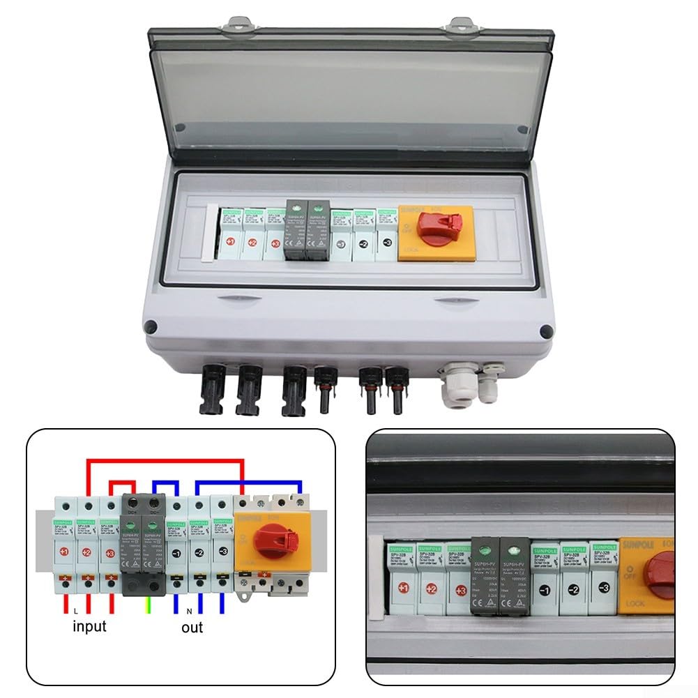 Caja combinadora solar fotovoltaica, 1000V 3 Disyuntor de protección de cuerdas, Interruptor de disyuntor de CC PV 3In 1Out, Caja combinada solar fotovoltaica