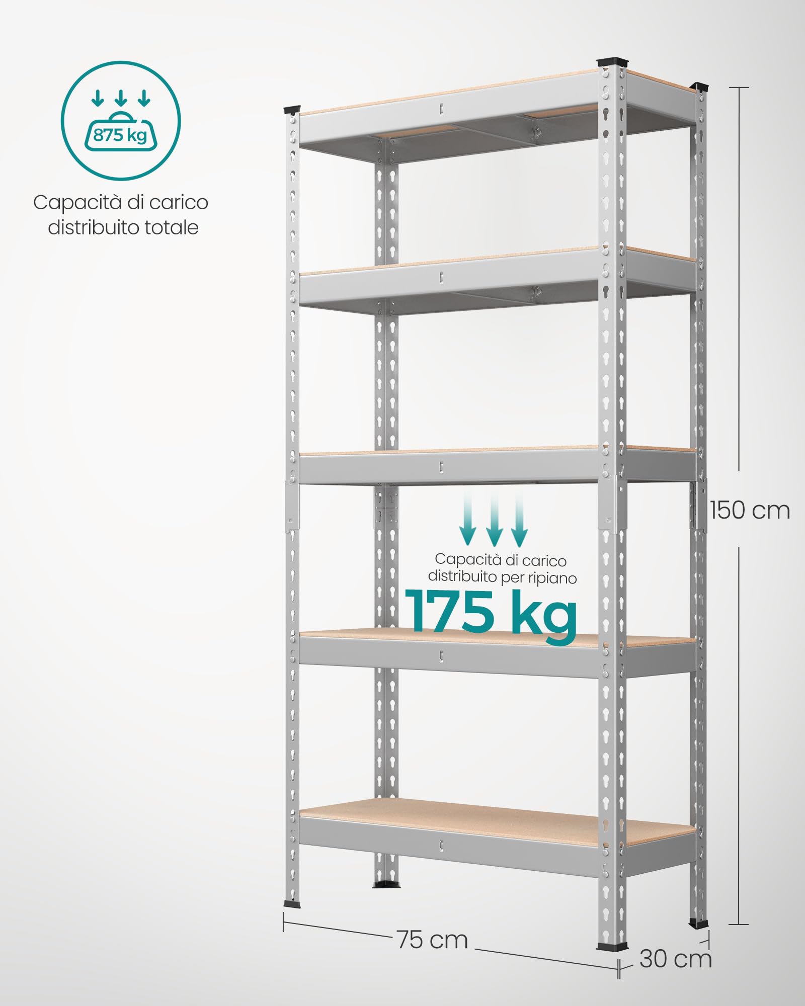 SONGMICS Scaffalatura a 5 Ripiani, Scaffale Portaoggetti, Montaggio Senza Bulloni, Ripiani Regolabili, 30 x 75 x 150 cm, Portante 875 kg, per Garage Magazzino Cantina, Argento GLR300E01