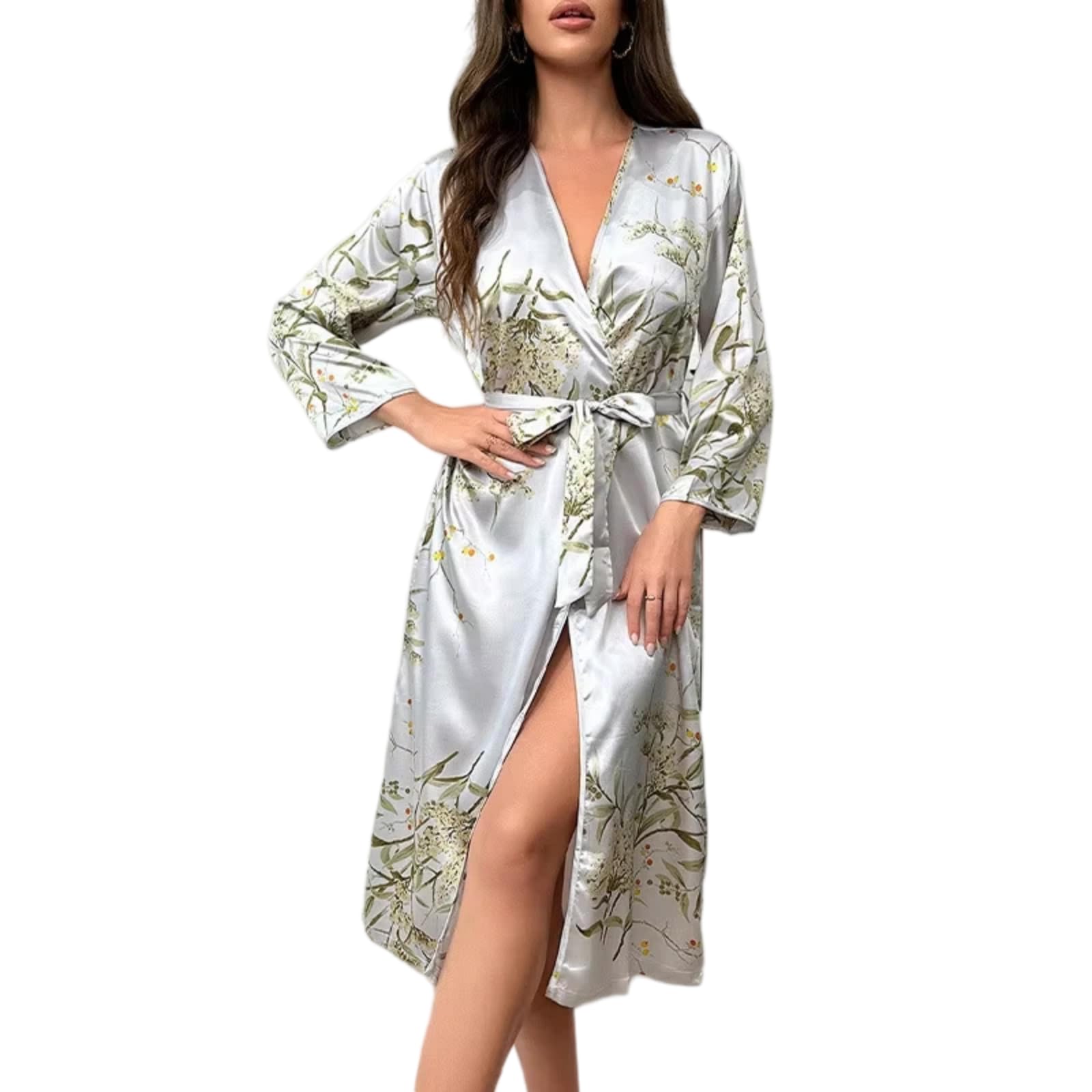 Camicia Notte Satin Decorativa Kimono Accappatoio Lungo Donna(Natura grigia A,as6,alpha,x_l,regular,regular)