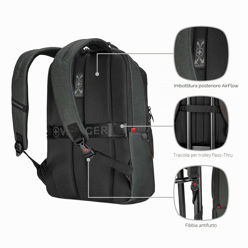 WENGER Zaino Porta PC MX ECO Professional con Tasca per Tablet, Notebook 16”, Tablet 10”, Organizer, 20 l, Uomo Donna, Ufficio Viaggi di Lavoro Università, Nero, Sostenibile, 612261