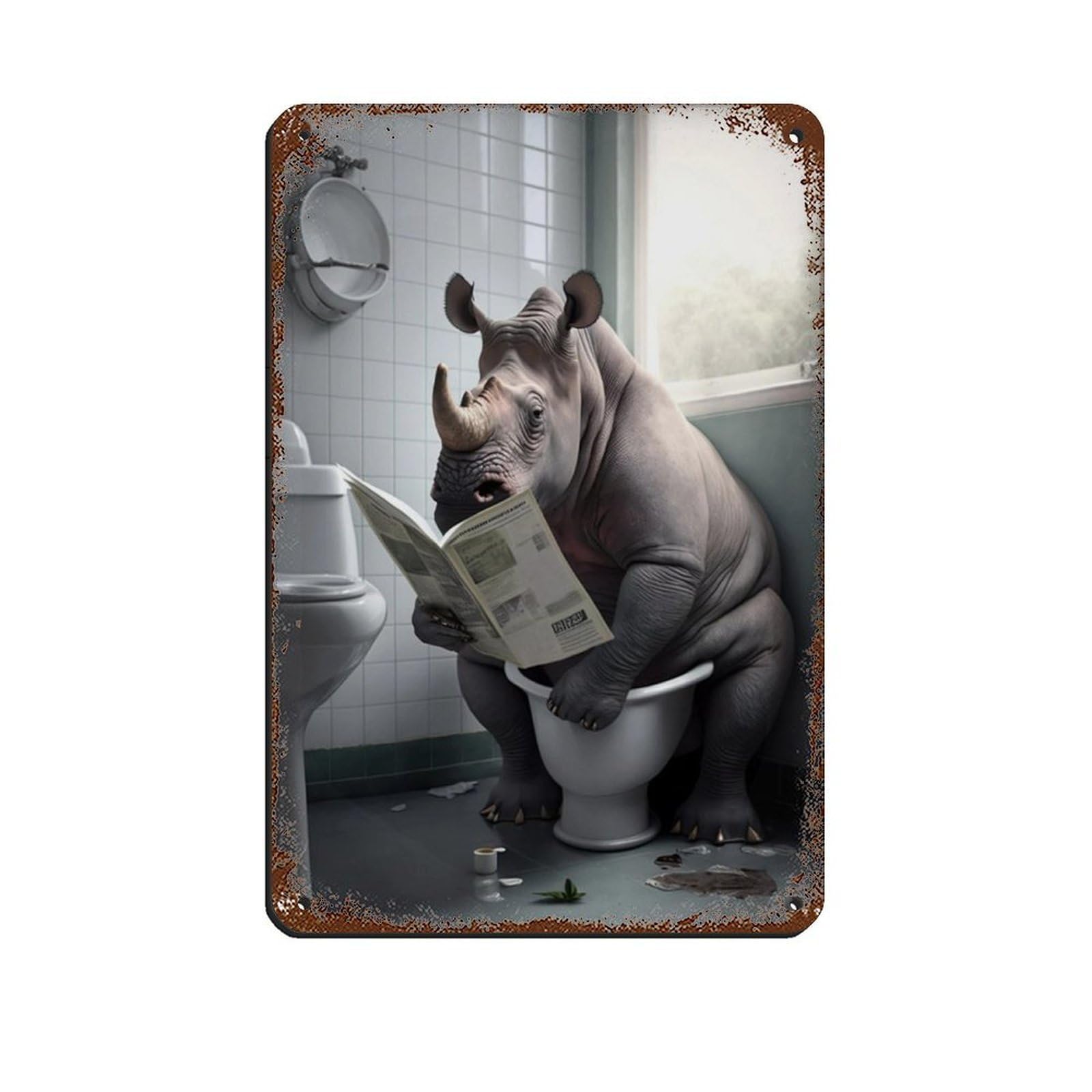 Lxwnze 20L X 30W Cm Rhino Sitting On The Toilet Reading A Newspaper Retro Poster Metal Tin Sign Chic Art Retro Iron Painting Bar People Cave Cafe Family Garage Poster Wall Decoration 8X12inch(20X30cm)
