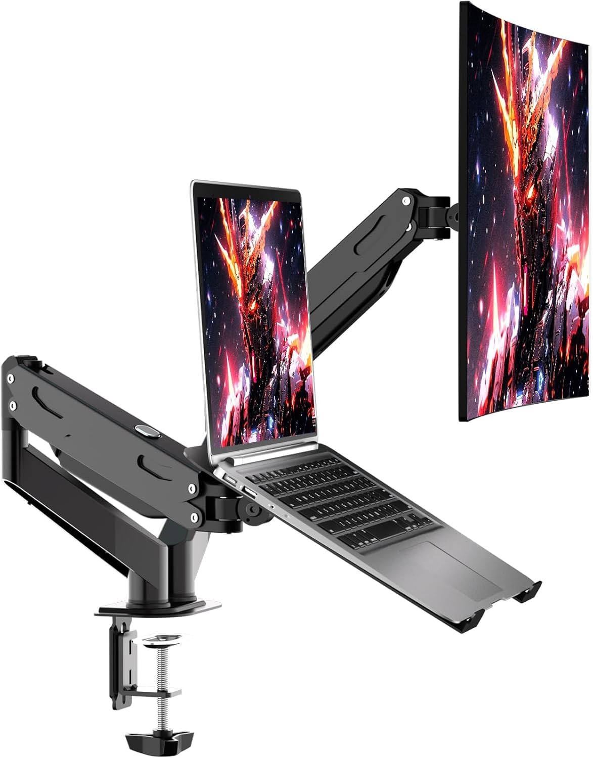 Pholiten Supporto doppio per monitor e laptop fino a 32", monitor da 17", braccio a molla a gas, VESA 75/100 mm, portata massima 10 kg