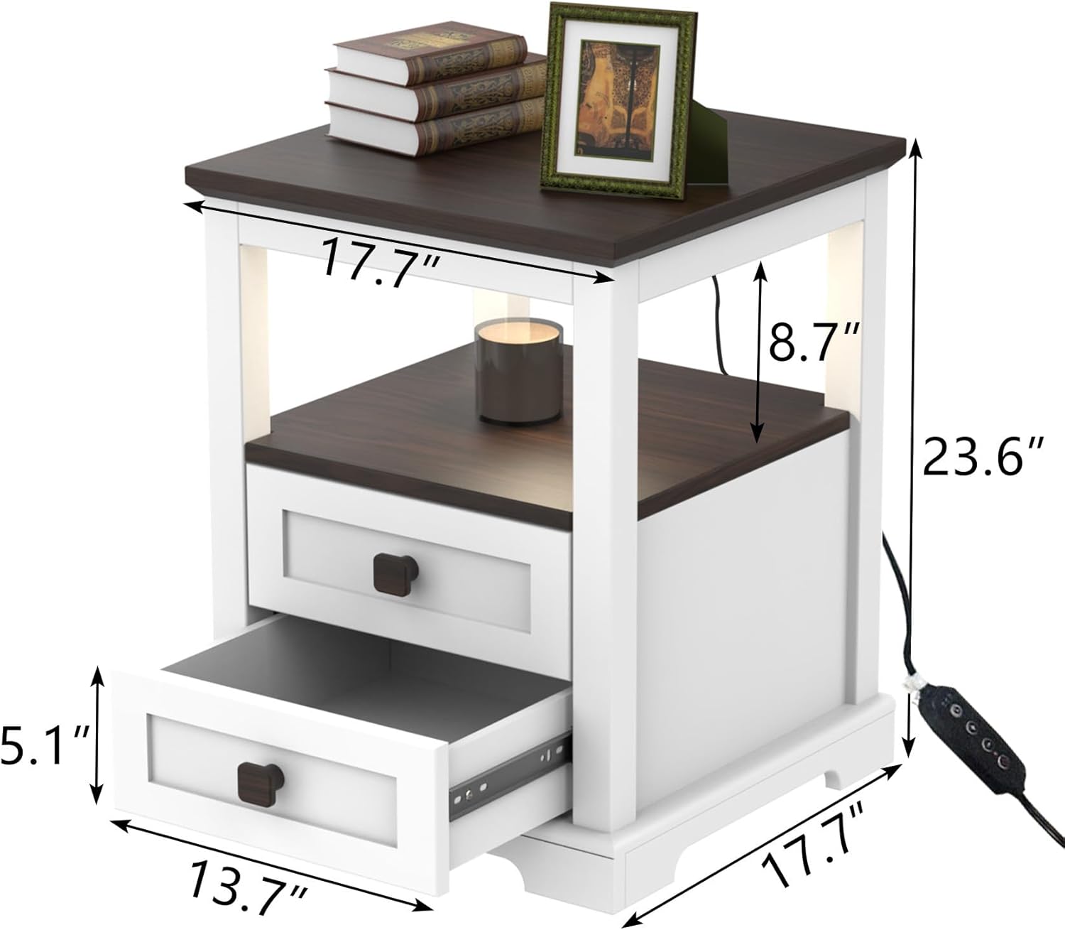 White Farmhouse Night Stand with Drawers, Modern Side Table, Small Wood End Table with Storage for Bedroom & Living Room, Dimer & Timer Candle Warmer Lamp, Stylish Nightstand for Home Decor (2)