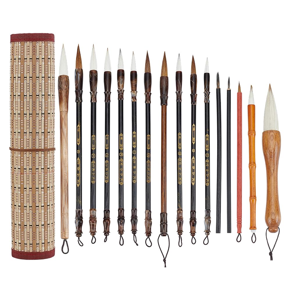 OLYCRAFT 16pz Set di Pennelli per Calligrafia Cinese Set di Pennelli per Acquerello Pennello per Scrittura e Disegno con Portapennelli Arrotolabile per Kanji Cinese Disegno Sumi-E Scrittura Pittura