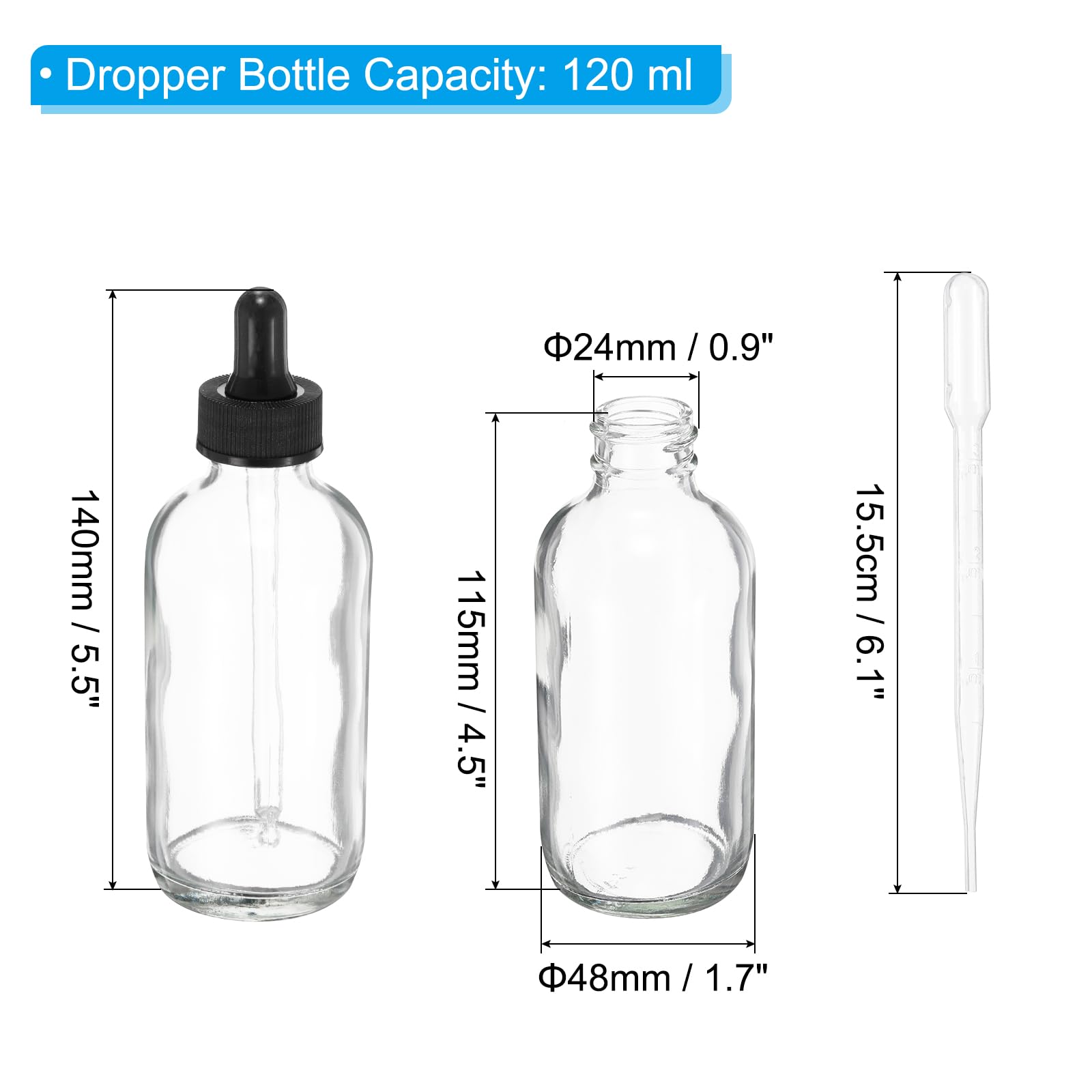 PATIKIL 120ml Glass Dropper Bottle, 24Pcs Leakproof Essential Oils Sample Liquid Perfume Container with Eye Dropper Labels Funnel for Storage Home Travel, Clear
