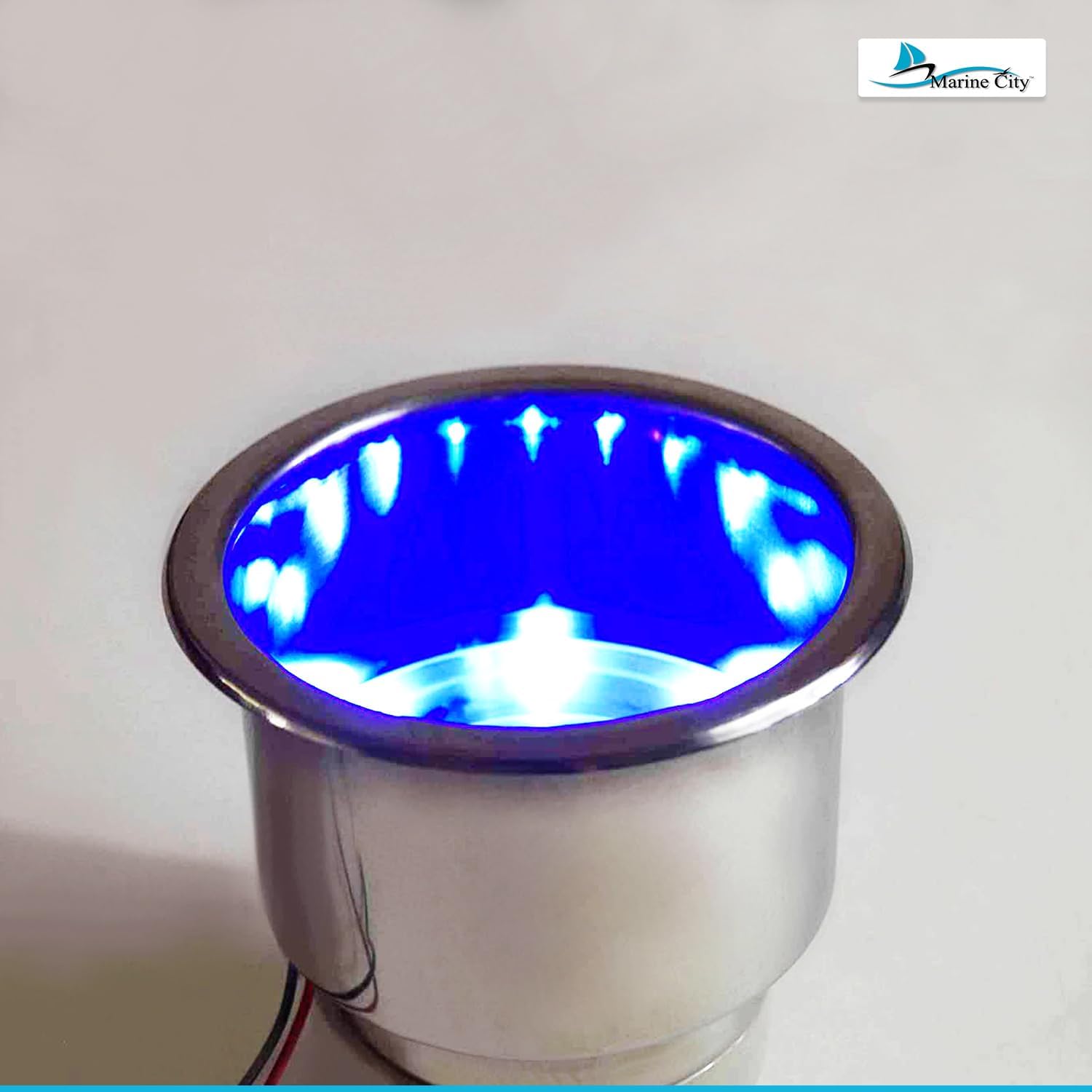MARINE CITY 8 Blue LED Lights Cup Holder with Drain – 304 Stainless Steel, Corrosion-Resistant, Easy to Install for Boats, Yachts, Ships, Kayaks