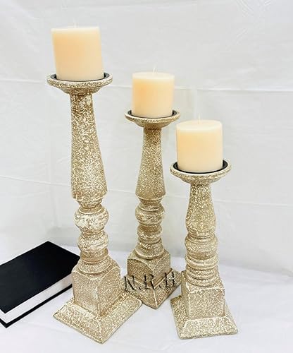 Miniatura 3 de Juego de 3 portavelas de pilar de madera rústica de 18, 15 y 12 pulgadas, portavelas de madera rústica para centros de mesa, candelabros altos