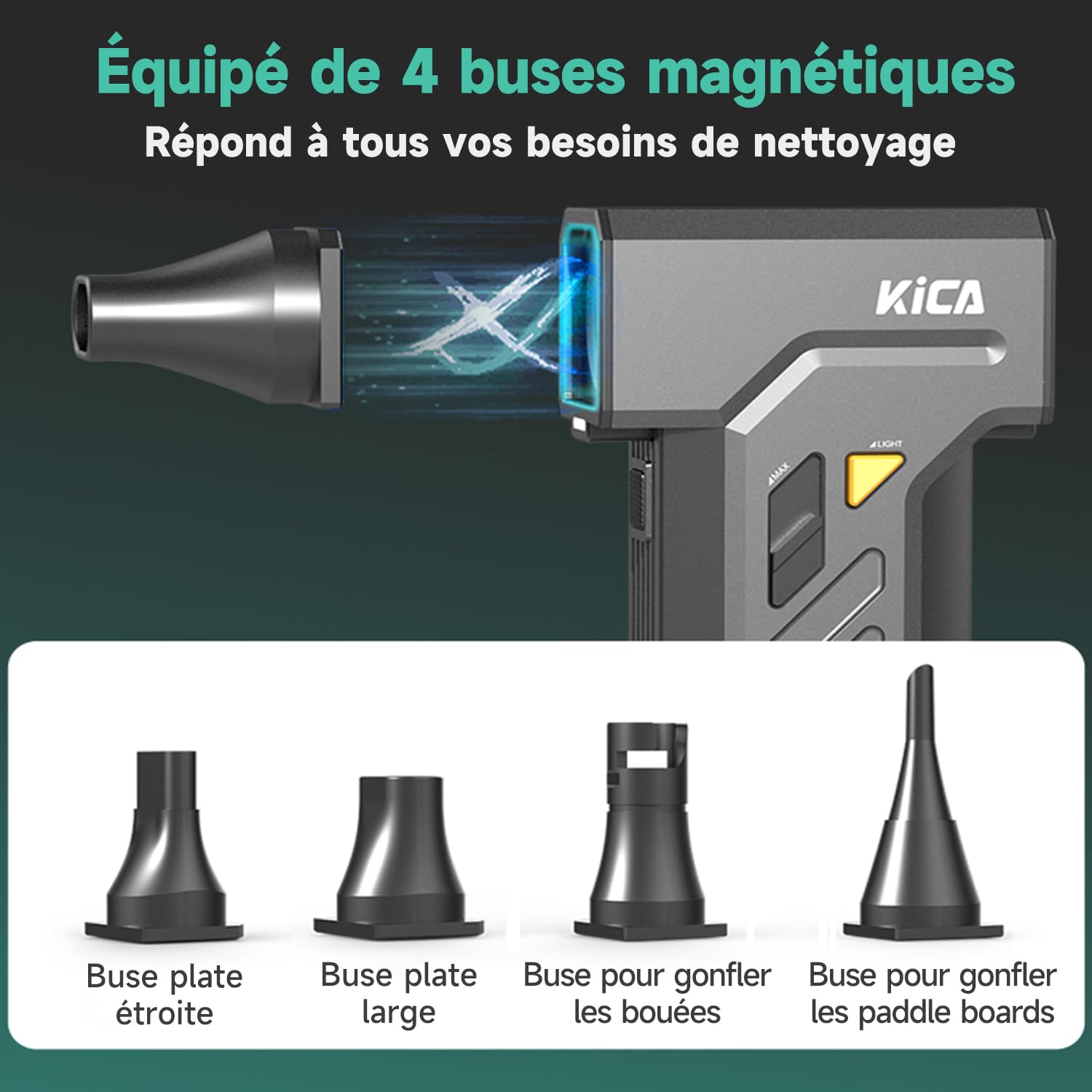 Kica JetFan Ultra Souffleur à air électrique & spray à air comprimé – 130 000 tr/min, vitesse du vent 48 m/s, USB rechargeable, air duster pour PC, clavier, voiture, canapé et bureau avec éclairage