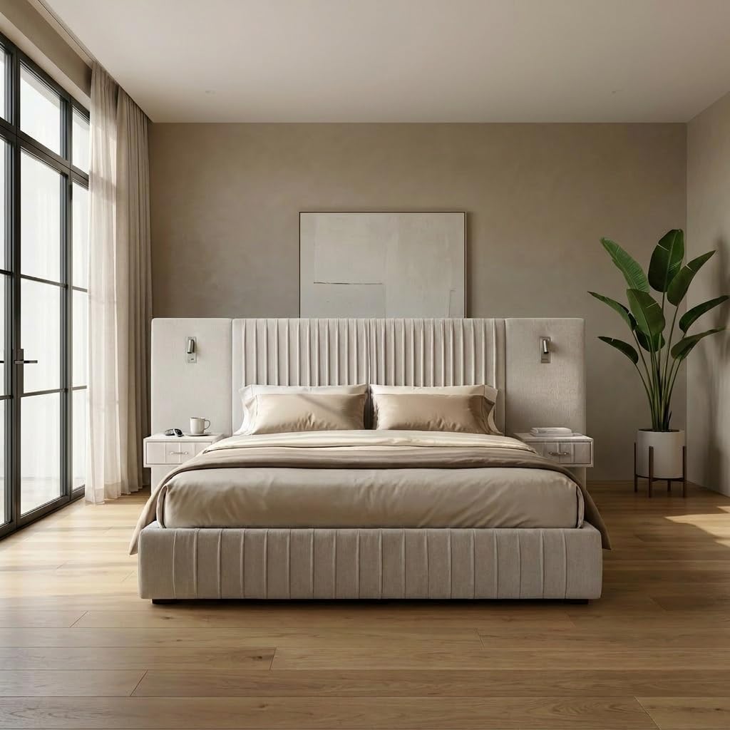 Queen Size Luxury Bed Frame with Pleated Design Headboard, Upholstered Hotel Platform Bed with Built-in LED Lights and Nightstands, Quick & Easy Assembly, Beige