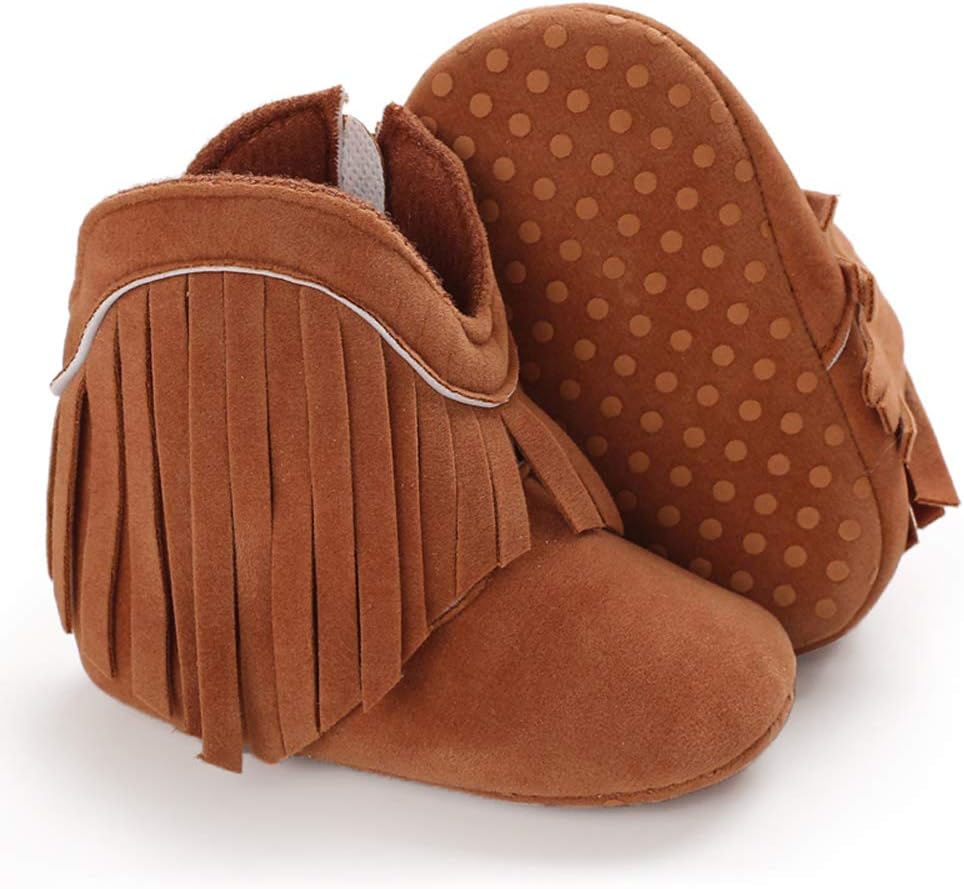 SOFMUO Baby Girls Cowboy Tassel Boots with Side Zipper Moccasins Non Slip Infant Booties Suede Toddler First Walker Shoes