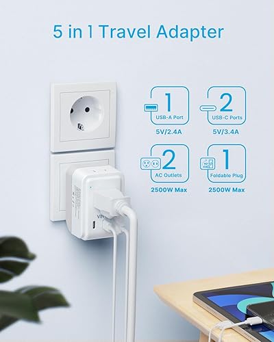 Miniatura 5 de VINTAR - Paquete de 3 adaptadores de enchufe de viaje europeos, adaptador de enchufe internacional plegable con 2 salidas de CA y 3 puertos USB (2