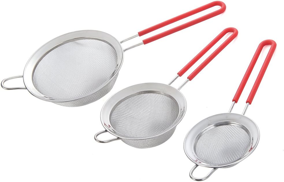 Stainless Steel Fine Mesh Strainer Colander Sieve with Silicon Rubber Handle for Kitchen Food, Flour, Rice, Juice, Vegetable, set of 3, with Bonus of Cookie Cutter