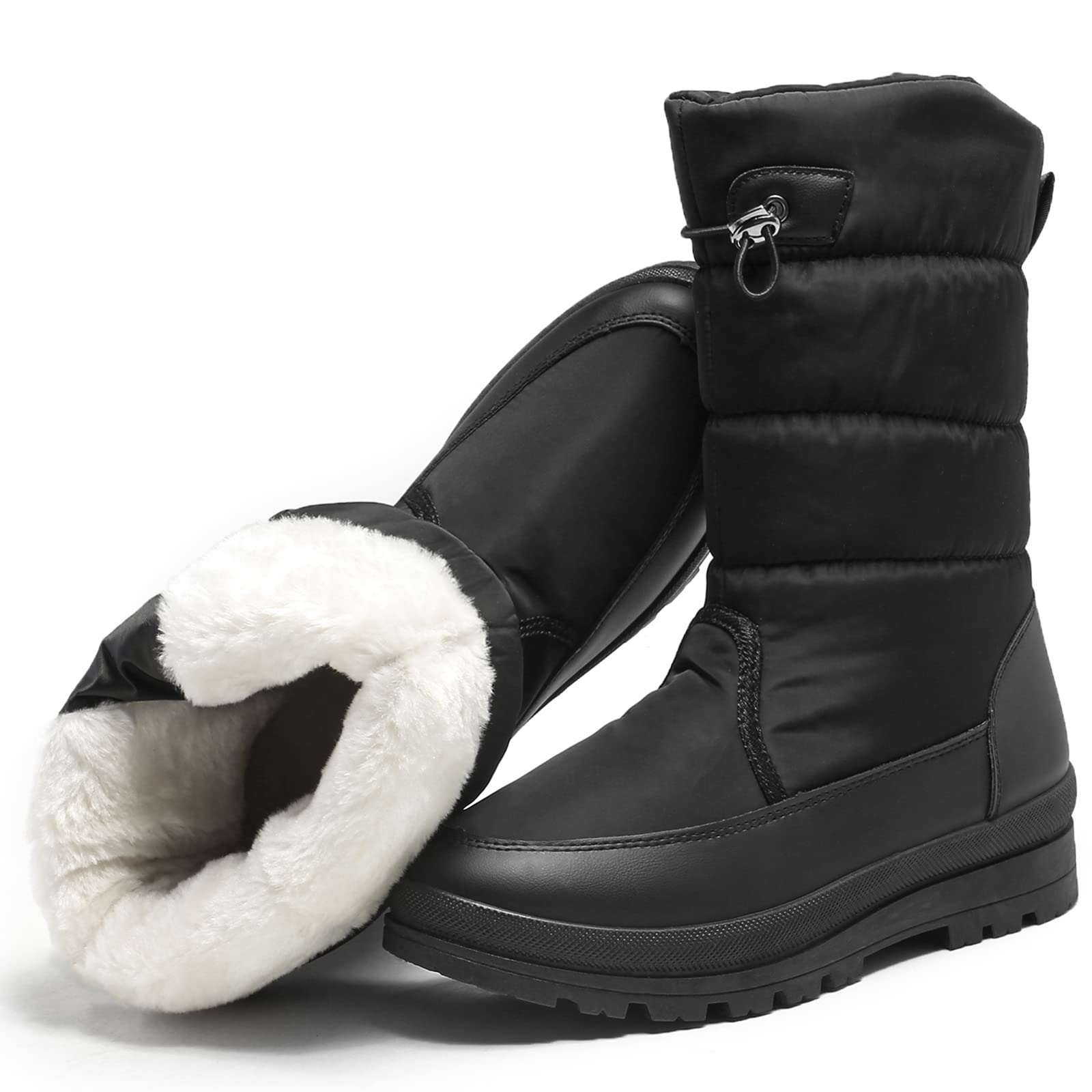 HYPOCRUTE Womens Warm Snow Boots with Fur Lined Black and White Wide Winter Boots Water-resistant Mid Calf Boots