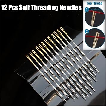 Self-Threading Needles, Sewing Needles, Needle Threader with Needle case Carving Pattern, Threaded from the top, Golden, 18 Pack