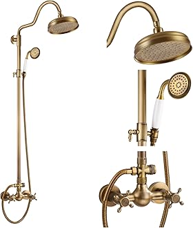 gotonovo Luxury Exposed Shower Faucet Set Bathroom Shower System 8 Inch Wall Mount Rainfall Shower Head with Handheld Spray Cross Double Handle Shower Fixture Adjustable Arc Rod Antique Brass