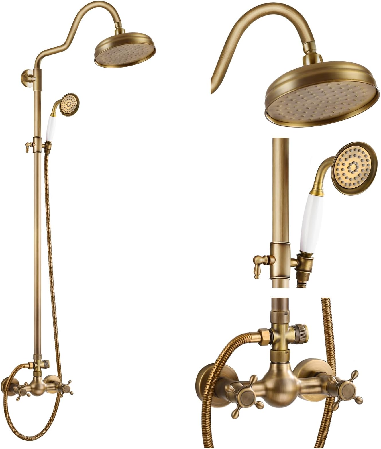 gotonovo Luxury Exposed Shower Faucet Set Bathroom Shower System 8 Inch Wall Mount Rainfall Shower Head with Handheld Spray Cross Double Handle Shower Fixture Adjustable Arc Rod Antique Brass