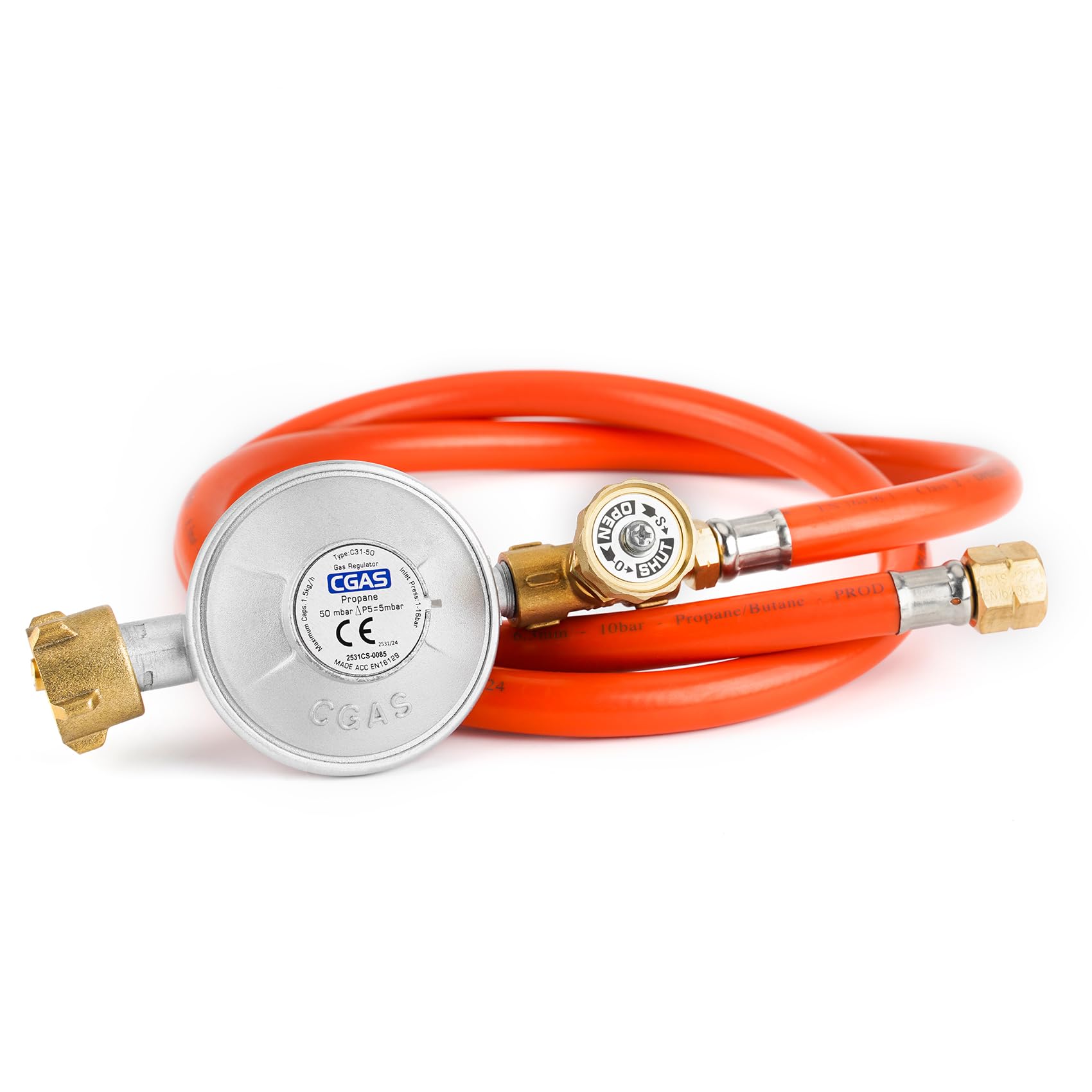 onlyfire Gasdruckregler für Gasflaschen, Ausgangsgewinde G1/4"-LH, 50mbar, Gasregler Druckminderer für Camping Gasgrill, Gasdruckminderer mit Verstellbarem Schalter und Gasschlauch 120cm