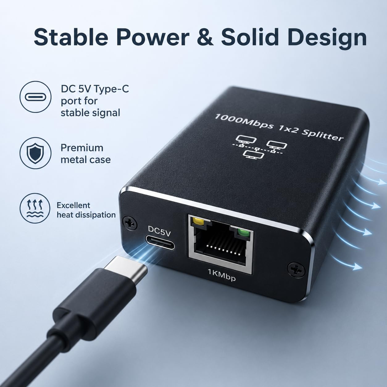 LAN Splitter 1 auf 2, Gigabit LAN Switch 2 Port 1000Mbps RJ45 Switch Computer, Smart-TV, Router, Hub, Set-Top Box, universelle Kompatibilität, robustes Gehäuse, Plug&Play, einfache Netzwerkerweiterung