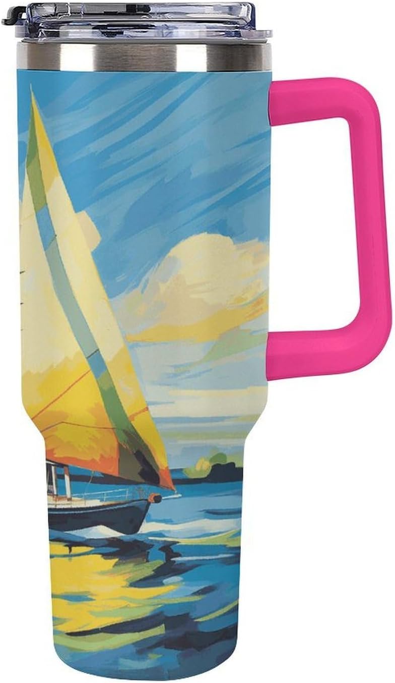 40 Oz Insulated Mug with Handle, Stainless Steel Colorful Sail Boat Printed Travel Mug Portable Leak-proof Large Car Mug for Home, Office Or Car