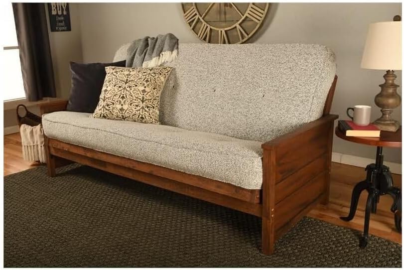 Maykoosh Naturally Nice Full-Size Futon Frame Set in Weathered Brown Finish with Mattress, Convertible Feature, Lounge Room Type - Solid Hardwood Construction Cream/No Drawers