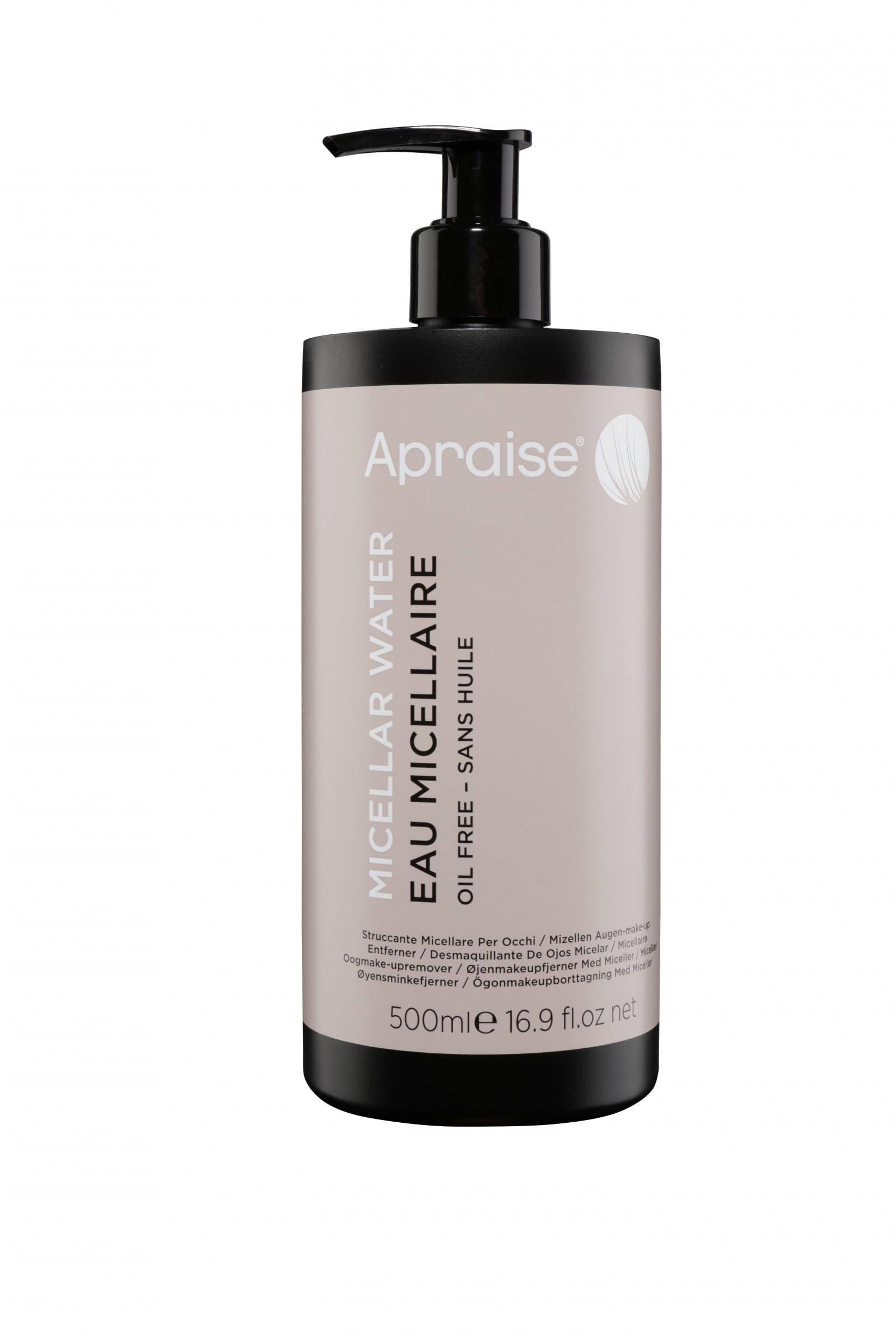 APRAISE AGUA MICELAR DESMAQUILLANTE 500ml. Desmaquillador de ojos micelar calmante y suave, sin aceite, que limpia a fondo el área de los ojos sin dejar residuos.